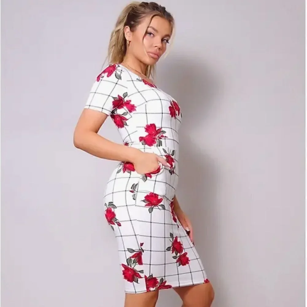 Women’s White and Red Short Sleeve Body Con Floral Midi Dress